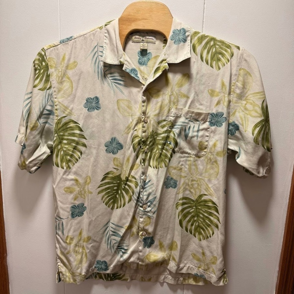 Tommy Bahama Mens XL‎ Silk Tropical Monstera Floral Camp Shirt Cream Green Blue - Picture 4 of 5